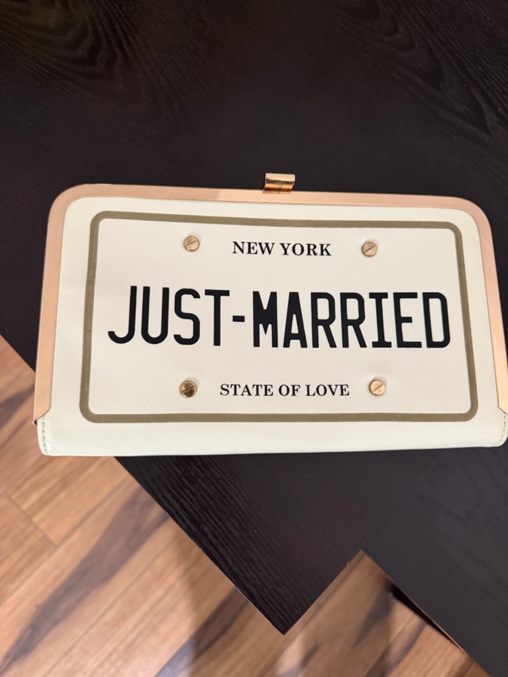 Aldo “JUST-MARRIED” license plate ivory & Gold Hardcase Clutch and crossbody bag